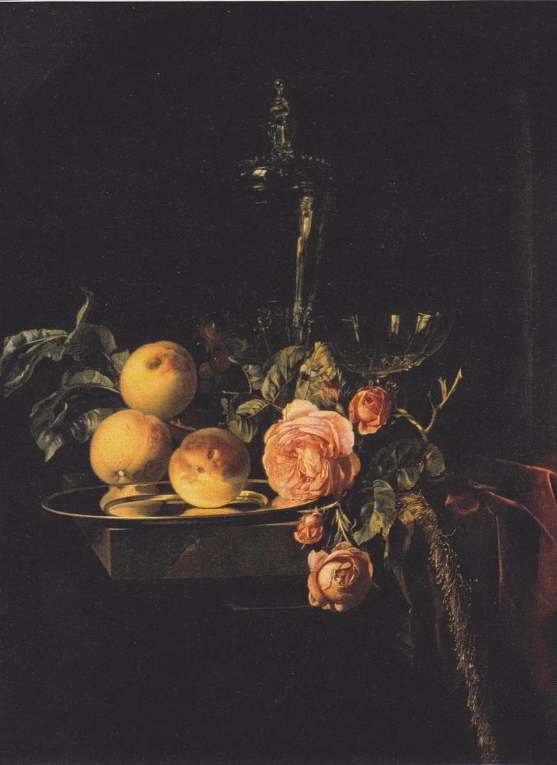 Natura morta con fiori, rose e pesche